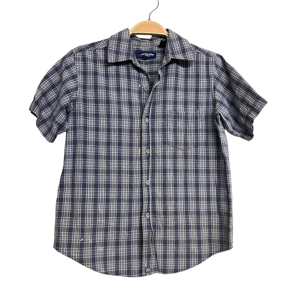 Vintage Anchor Blue Boys Navy Checkered‎ Button Down Dad Shirt